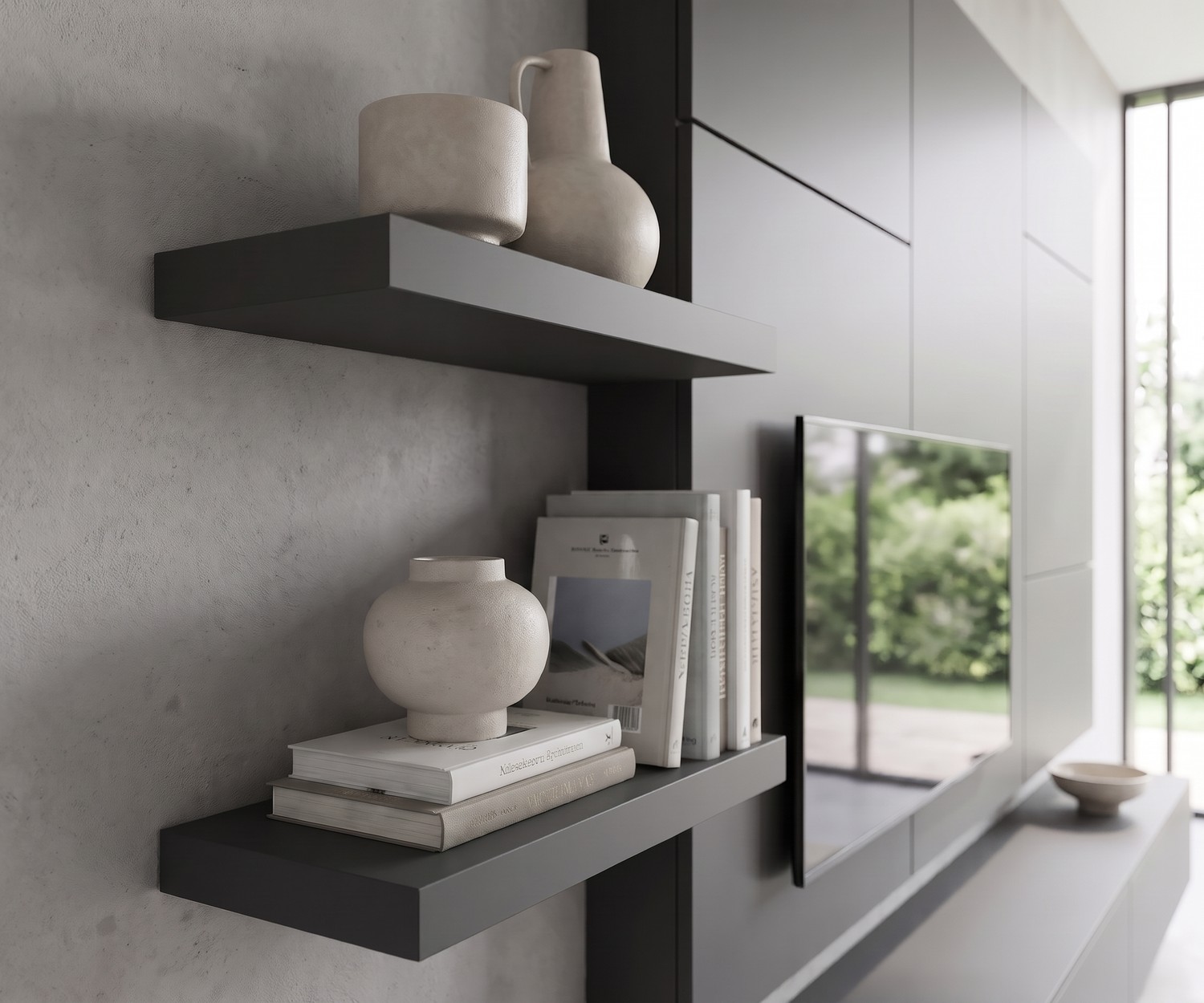 Livitalia C102 tv-wandmeubel met zwevende wandplanken in antraciet grijs voor boeken en decoratie in de woonkamer.