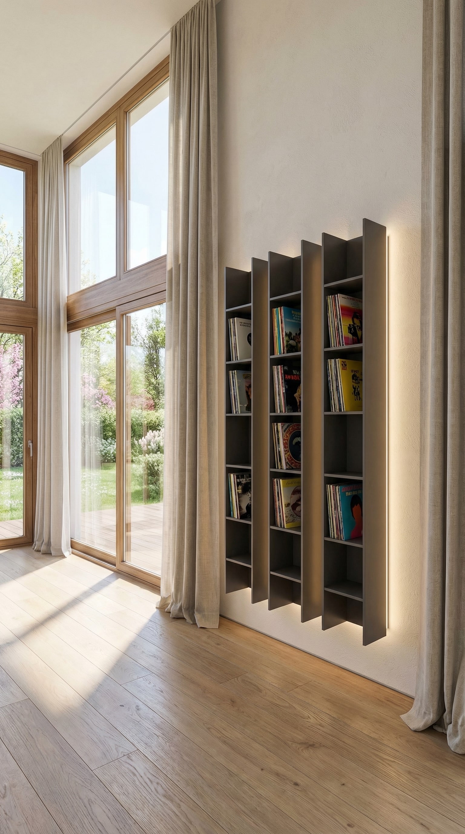 Zwevend wandrek met platen en subtiele verlichting