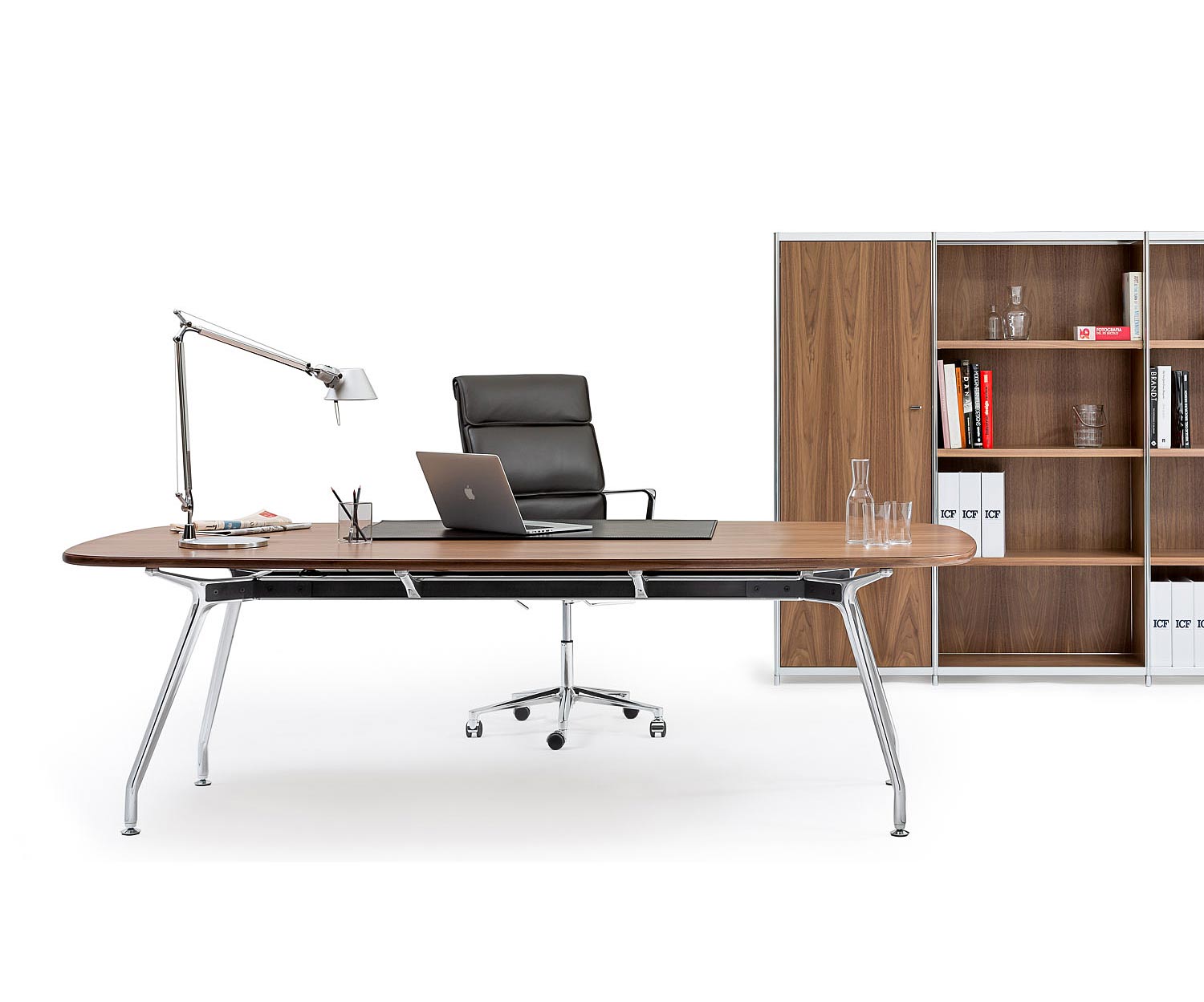 Exclusief ICF Unitable Manager aluminium design werktafel walnoot Exclusief ICF Unitable Manager aluminium design werktafel walnoot