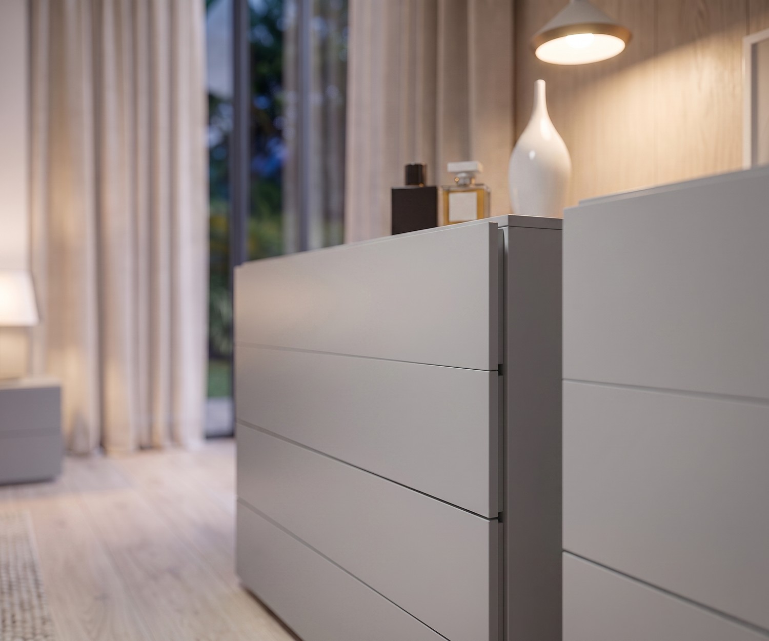 Novamobili Easy ladekast met 4 laden Novamobili Easy ladekast met 4 laden in de slaapkamer: greeploze lichtgrijze commode voor een minimalistische stijl.