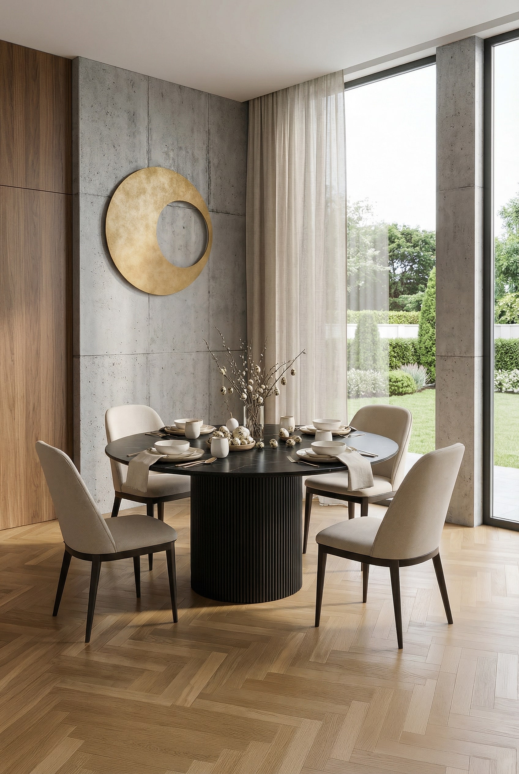 al2 dakry br 001 ronde eettafel met zachte, organische randen en elegante stoelen