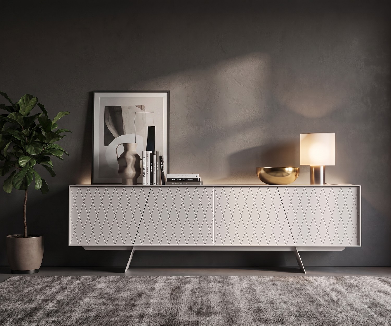 Modern wit al2 e-klipse 003 design dressoir al2 e-klipse 003 dressoir met ruitpatroon in moderne woonkamer, wit design dressoir met elegante poten.