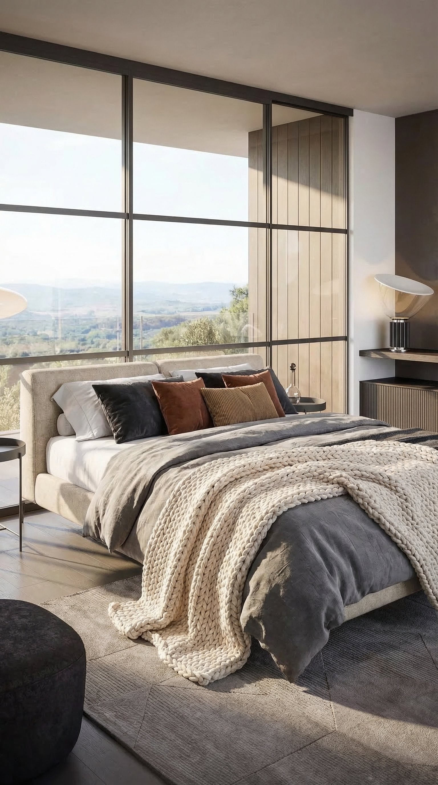 Gezellig, weelderig gelaagd bed met fluwelen kussens en gebreide deken