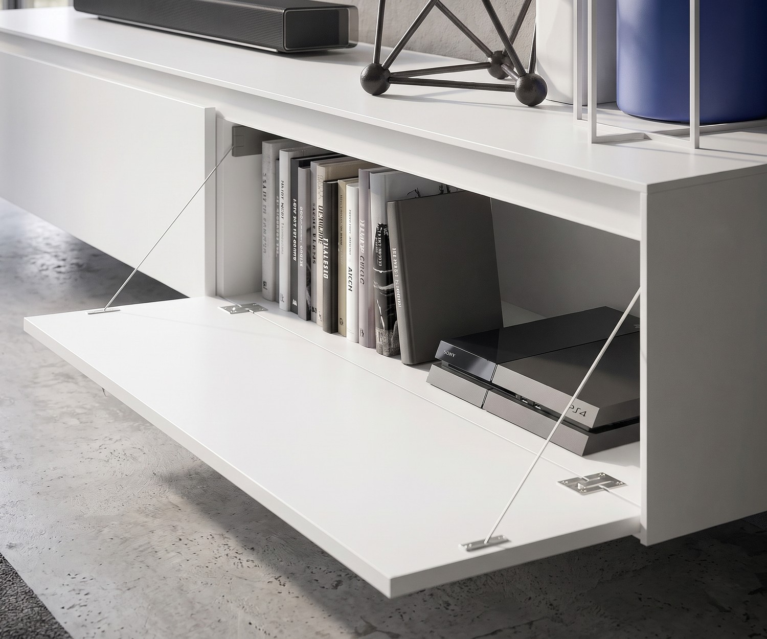TV-meubel Novamobili Reverse voor woonkamer met geopende klepdeur, opbergruimte voor spelcomputer en boeken, mat wit design