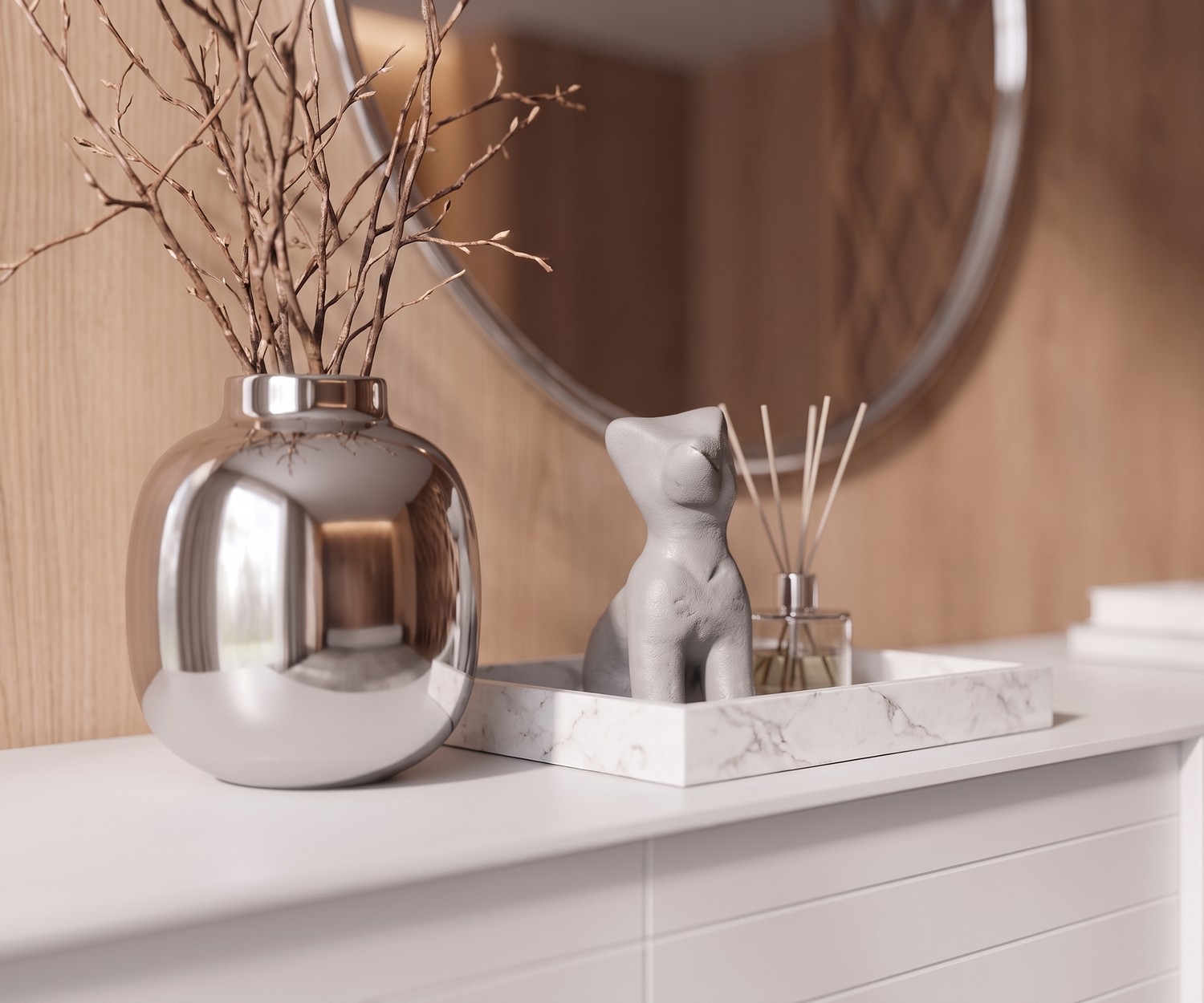 Design dressoir Mobius 002 van al2 voor de woonkamer, mat wit opbergmeubel in een minimalistische en moderne stijl.