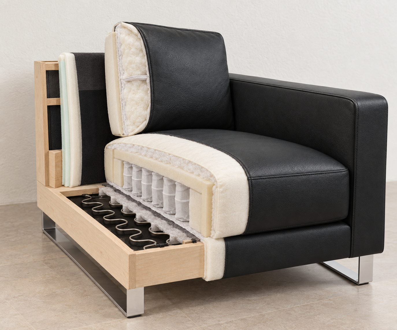 Livitalia Bank Vinaro, 206 × 91 cm, Seminole 04 Zwart, echt leer, verchroomde sledes – Doorsnede van de bekleding