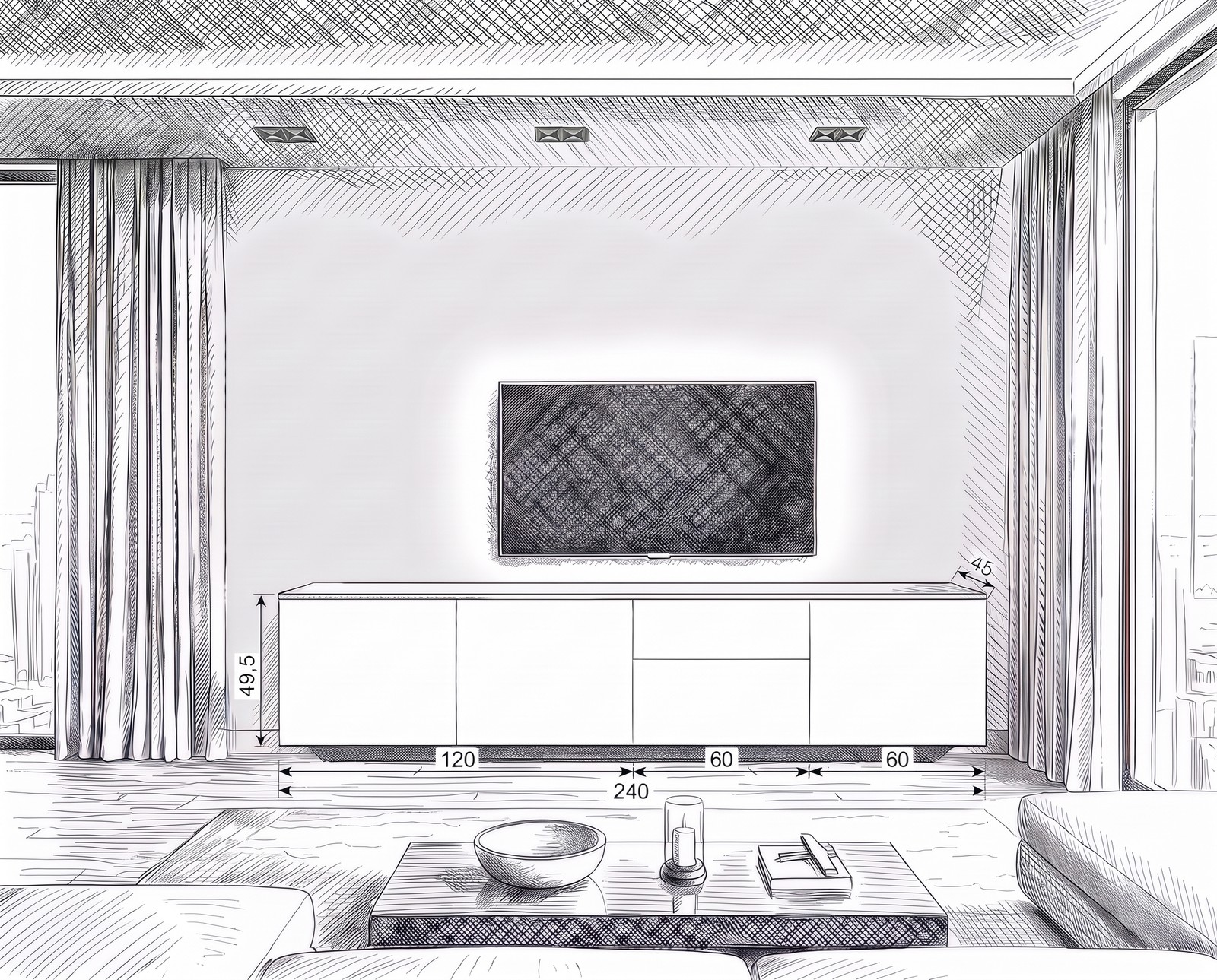Maßskizze TV-Sideboard Spaziora B 240 cm mit allen Maßen in cm