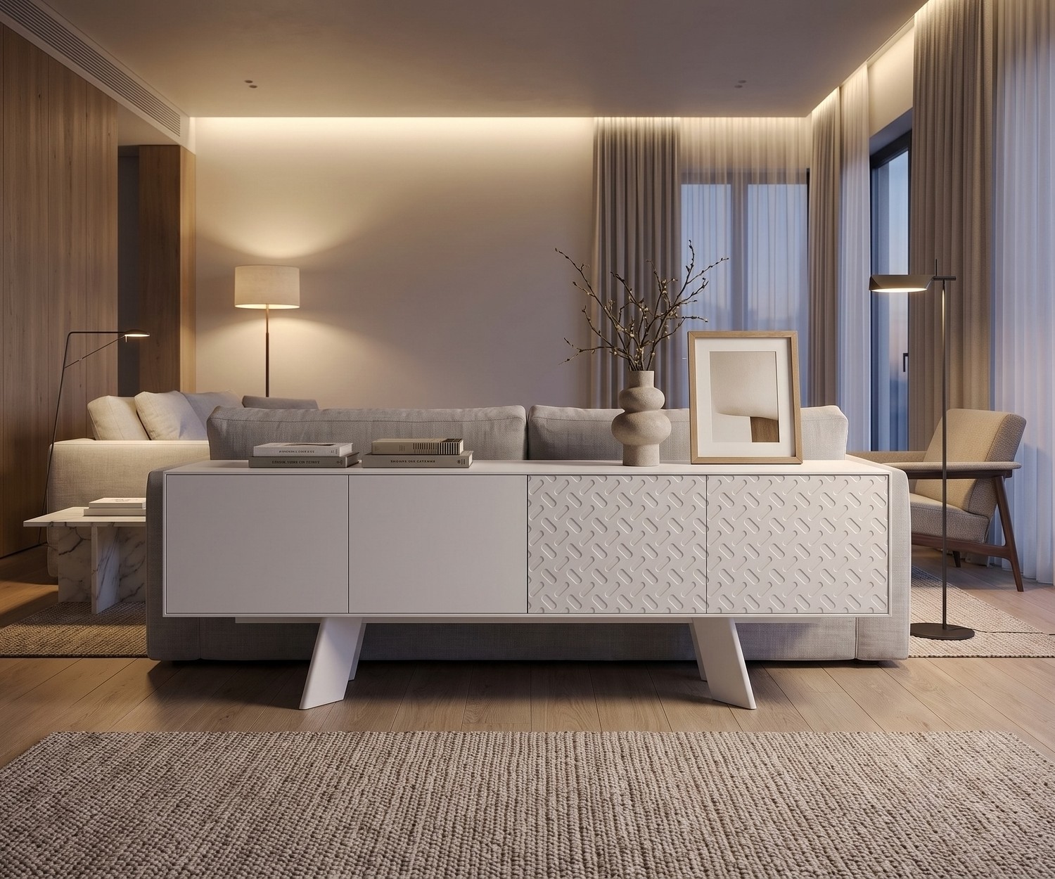 Design dressoir Alhambra 003 in een moderne woonkamer achter de bank, wit met structuurdeuren en schuine poten.