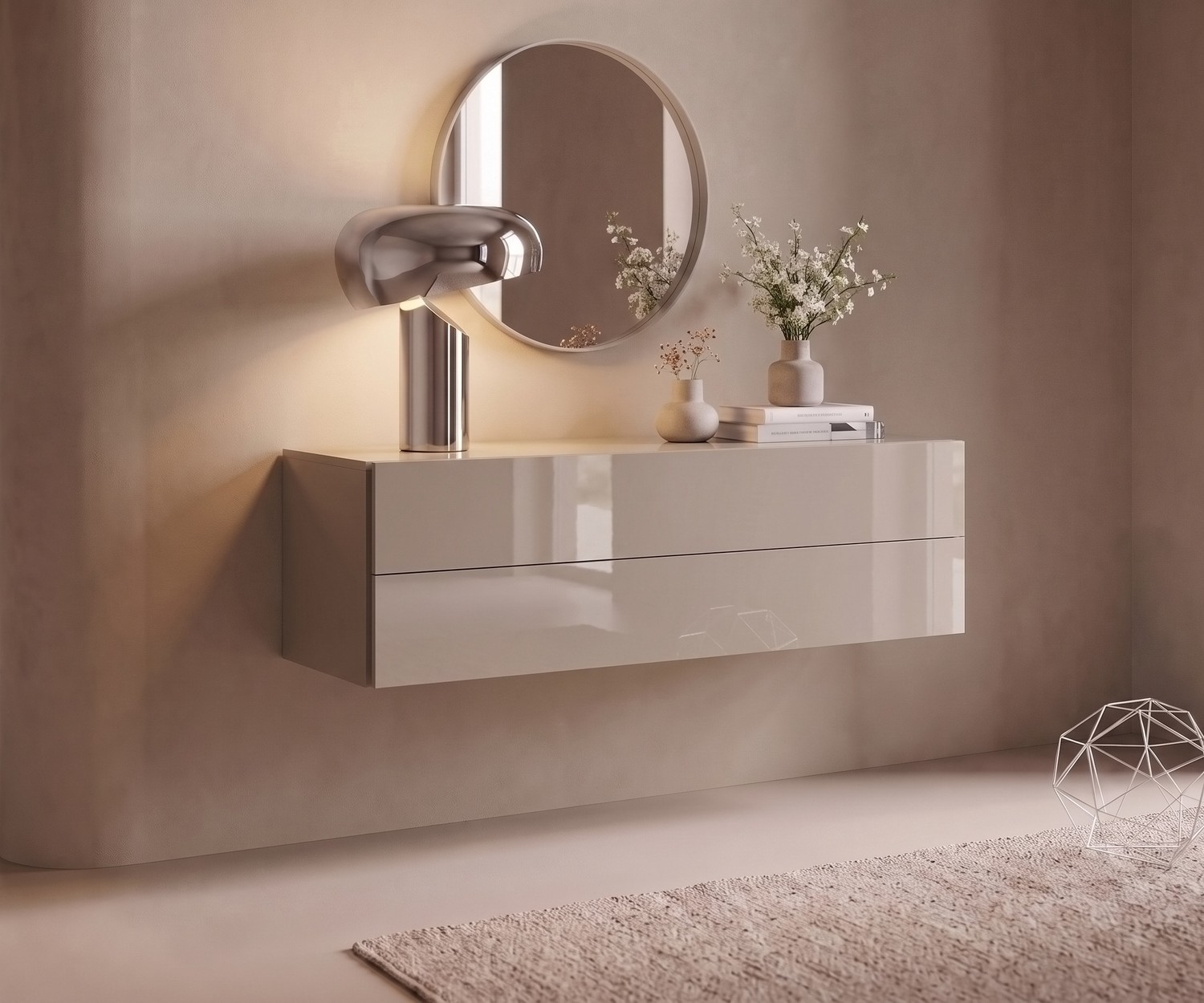 Novamobili Easy zwevend dressoir. Wandgemonteerde ladekast in hoogglans zandbeige voor een moderne, minimalistische hal.