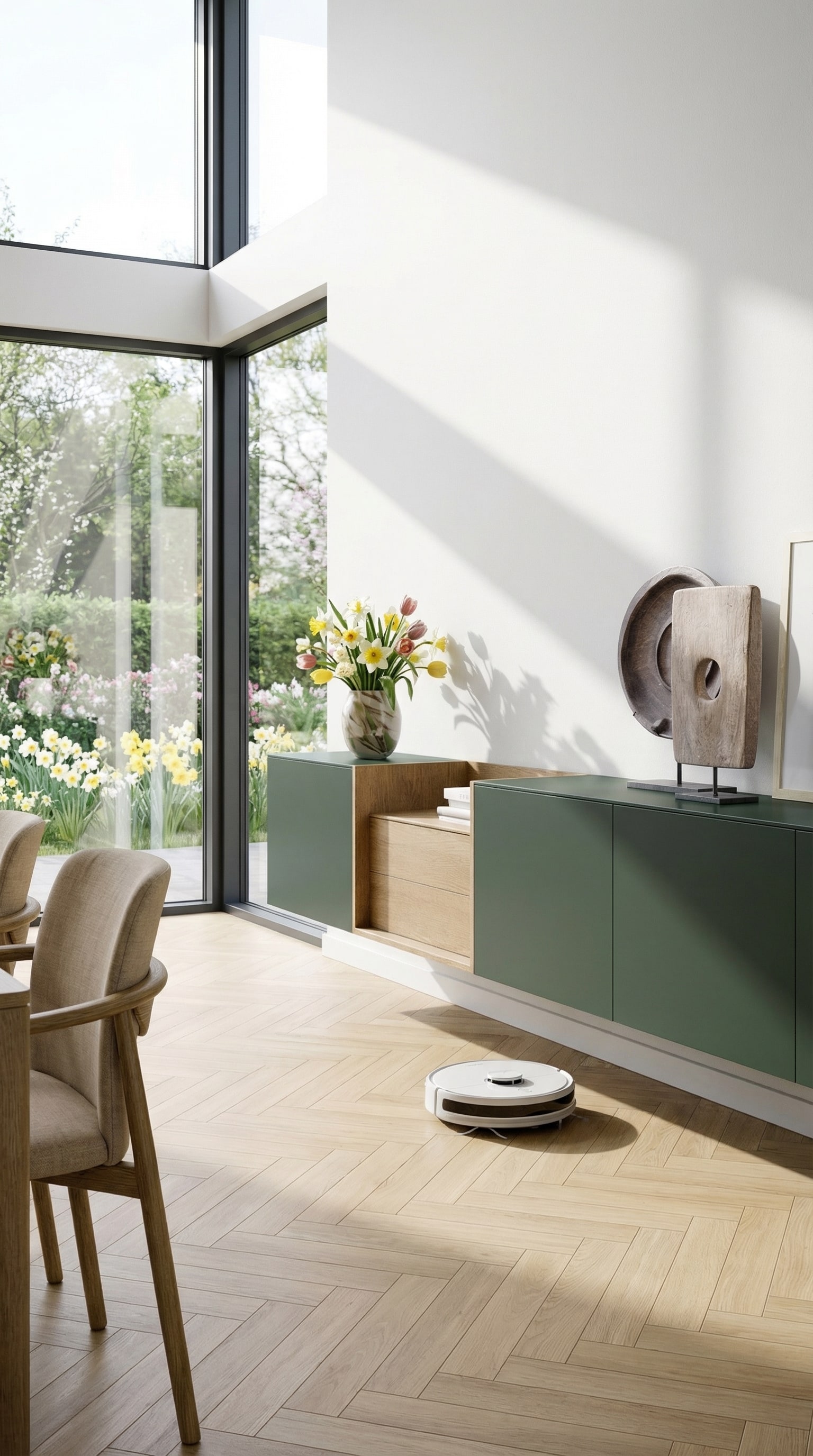 Minimalistisch, aan de muur gemonteerd sideboard in de lichte, luchtige woonkamer. Minimalistisch, aan de muur gemonteerd sideboard in de lichte, luchtige woonkamer.