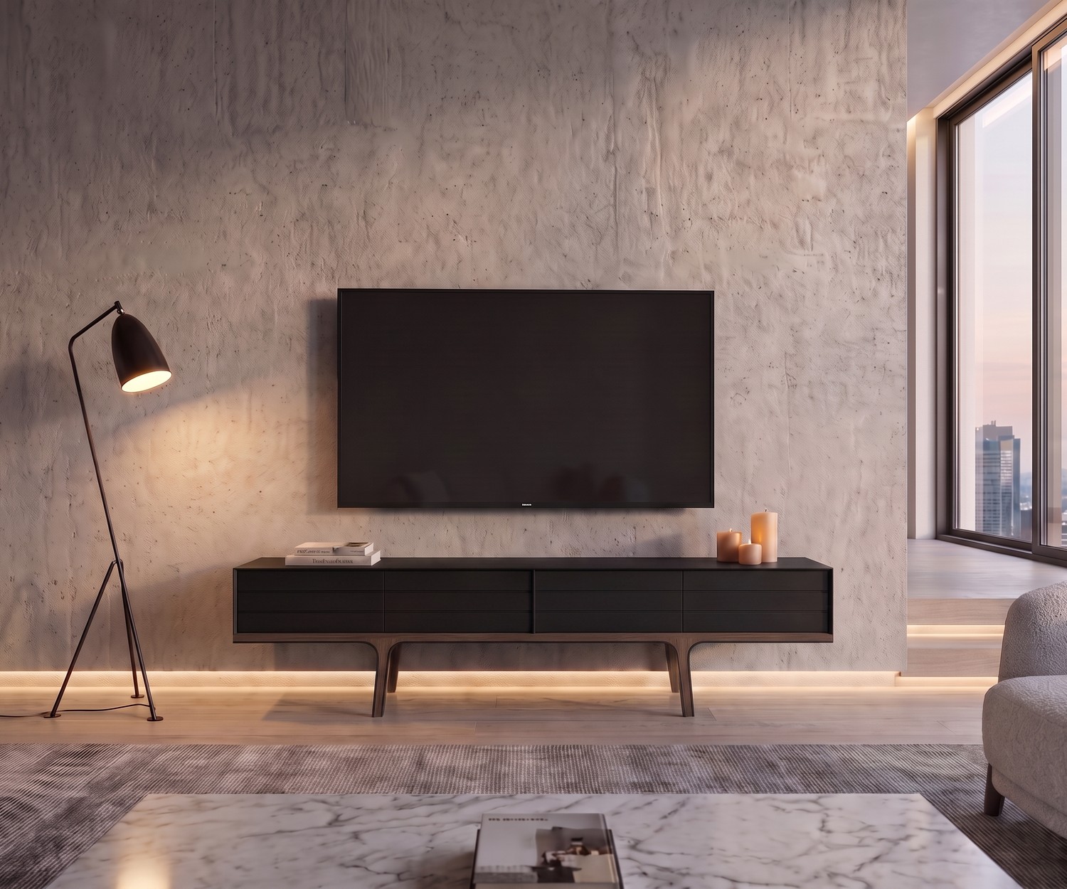 al2 Mobius 004 TV-lowboard voor media-opslag in een moderne woonkamer met betonnen wand en vloerlamp.