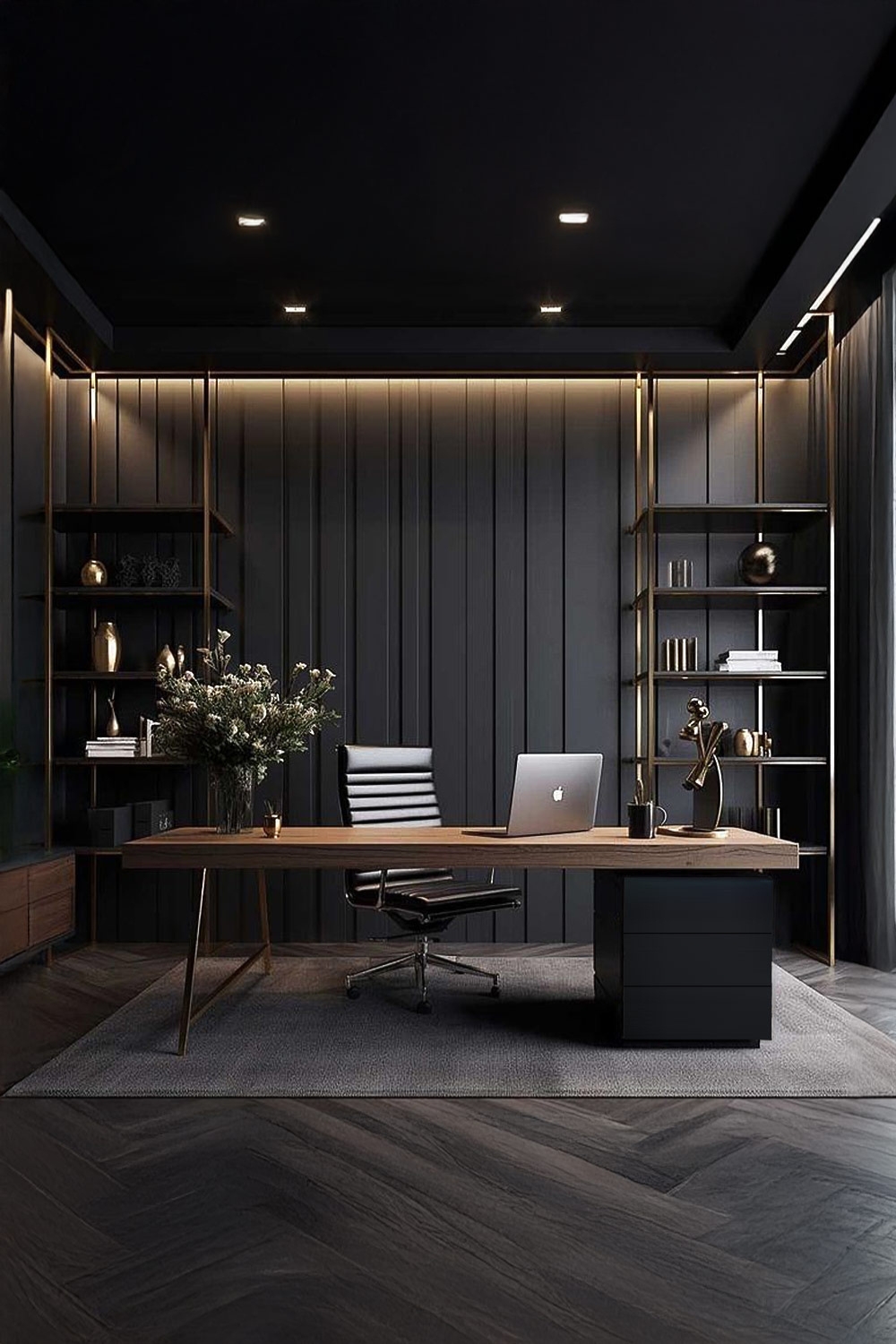 thuiskantoor-met-minimalistisch-bureau-inclusief-commode-en-elegante-bureaustoel-voor-hoge-open-kasten