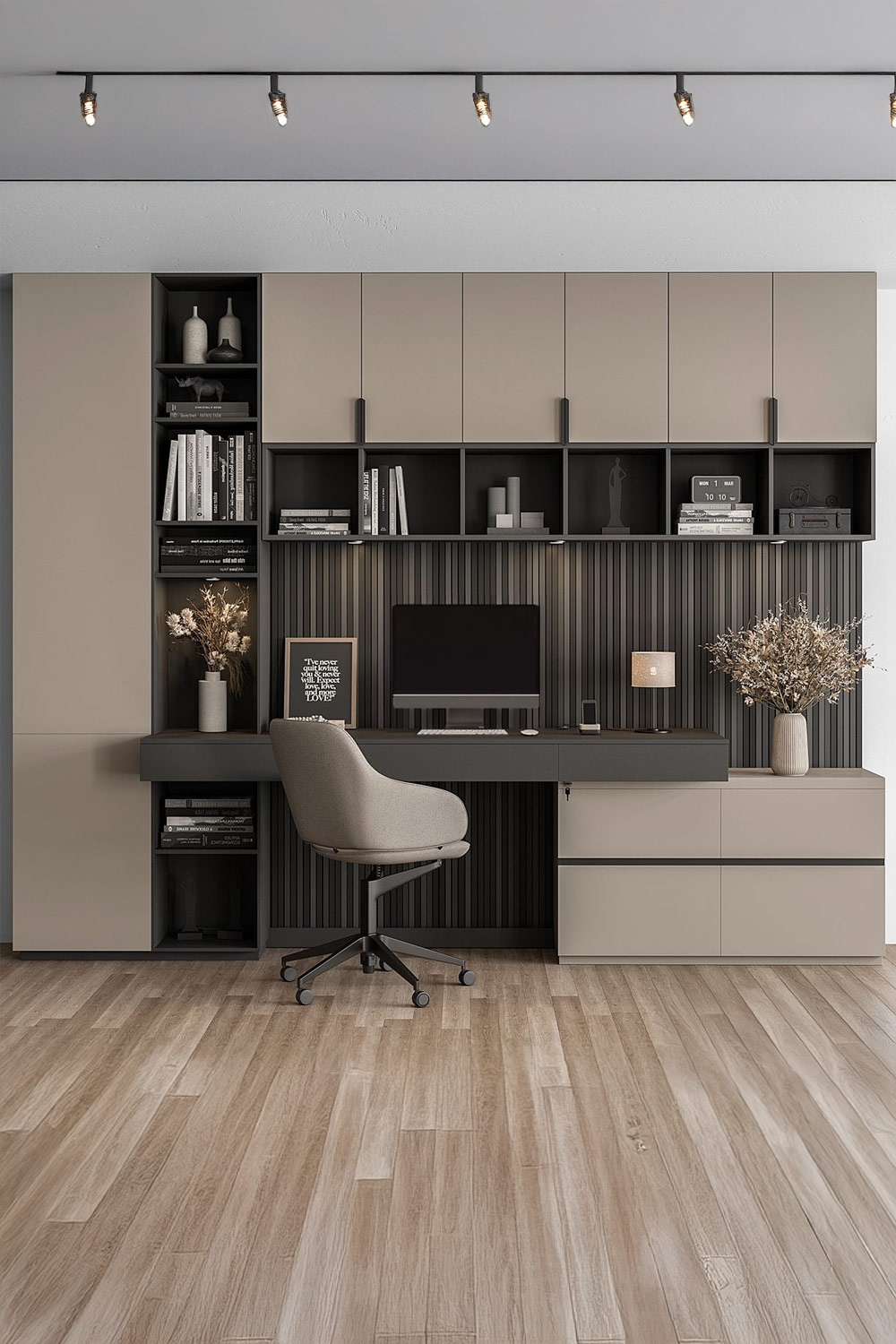 modern-ingerichte-werkplek-met-open-planken-en-greeploze-fronten-rondom-het-tafelblad