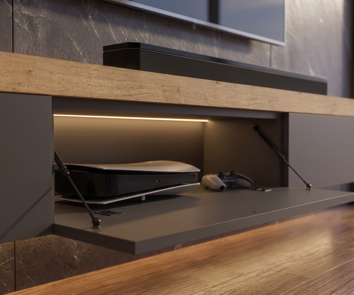 Livitalia TV-meubel met dik bovenblad TV-meubel voor de woonkamer in grijs met een dik houten afdekblad en verlicht vak van Livitalia.