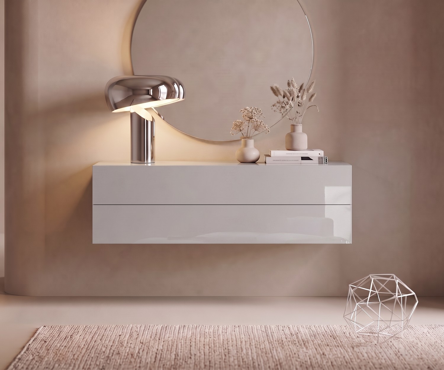 Zwevende commode Easy van Novamobili in lichtgrijs Zwevende commode Easy van Novamobili voor opbergruimte in de hal, lichtgrijs hangend dressoir in minimalistische stijl