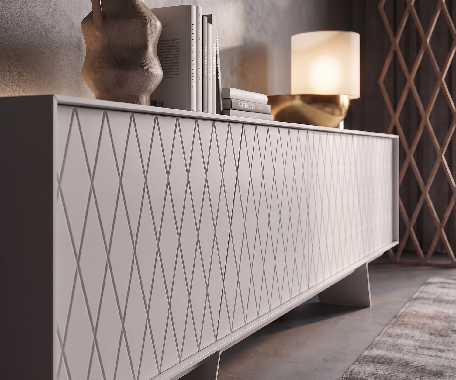 al2 e-klipse 003 dressoir in de woonkamer. Modern wit design dressoir met ruitpatroon, houten decoratie en tafellamp.