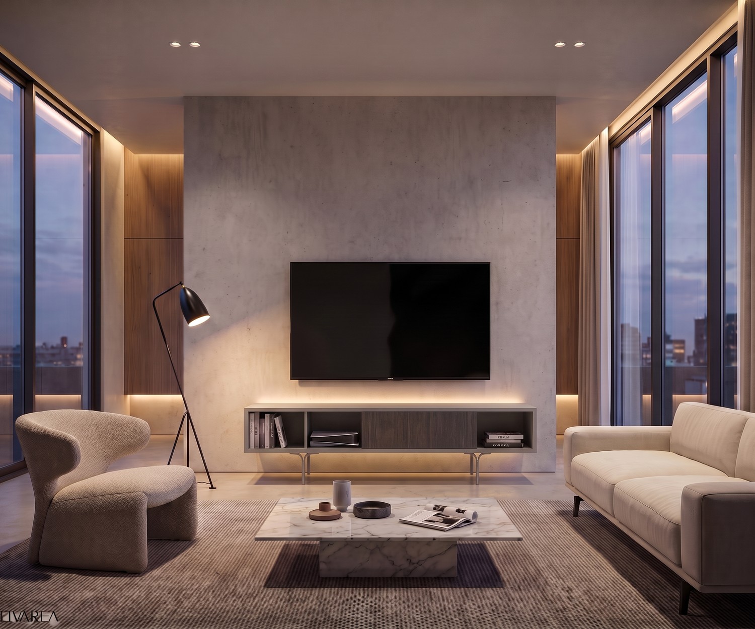 al2 Mobius 005 design TV-lowboard al2 Mobius 005 TV-lowboard in een moderne woonkamer met grijs frame, houten lade en slanke metalen poten