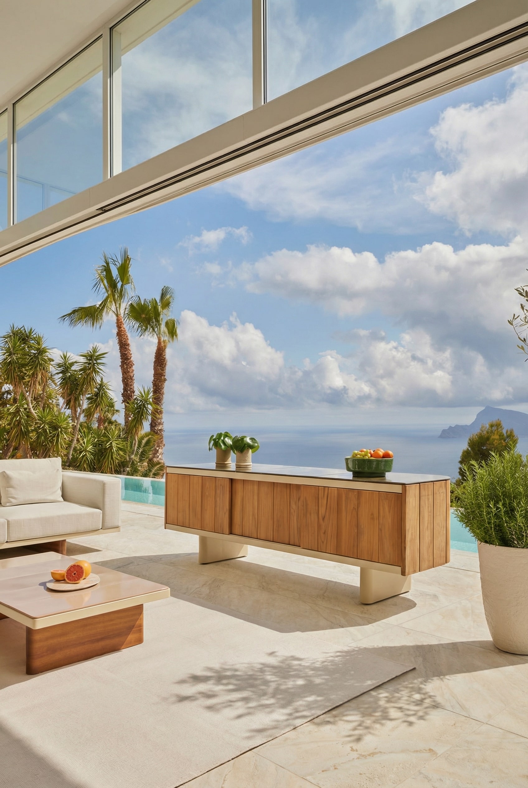 Wetterfestes Outdoor Sideboard aus Holz auf einer Terrasse