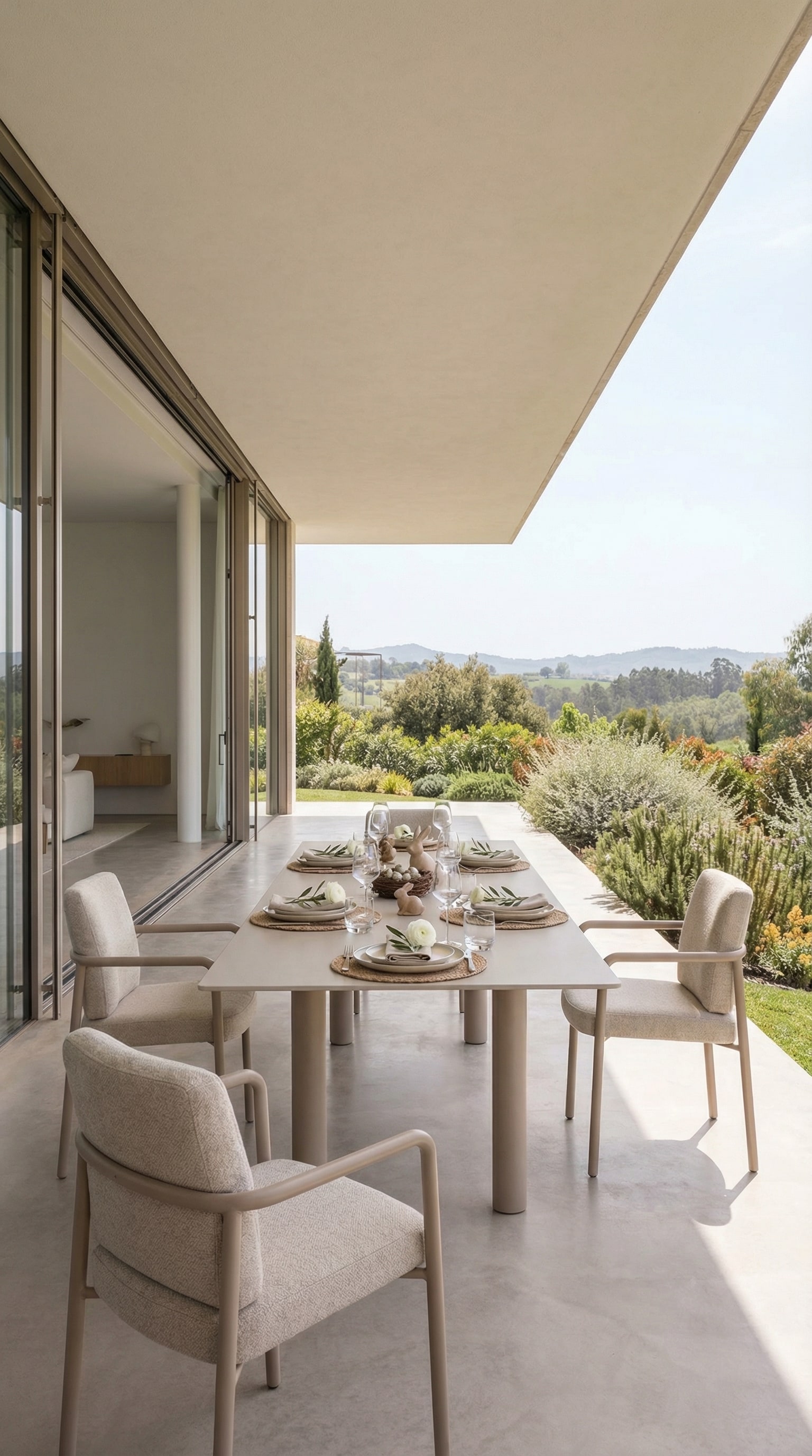 Uitschuifbare, moderne outdoor eettafel op een ruim terras Uitschuifbare, moderne outdoor eettafel op een ruim terras