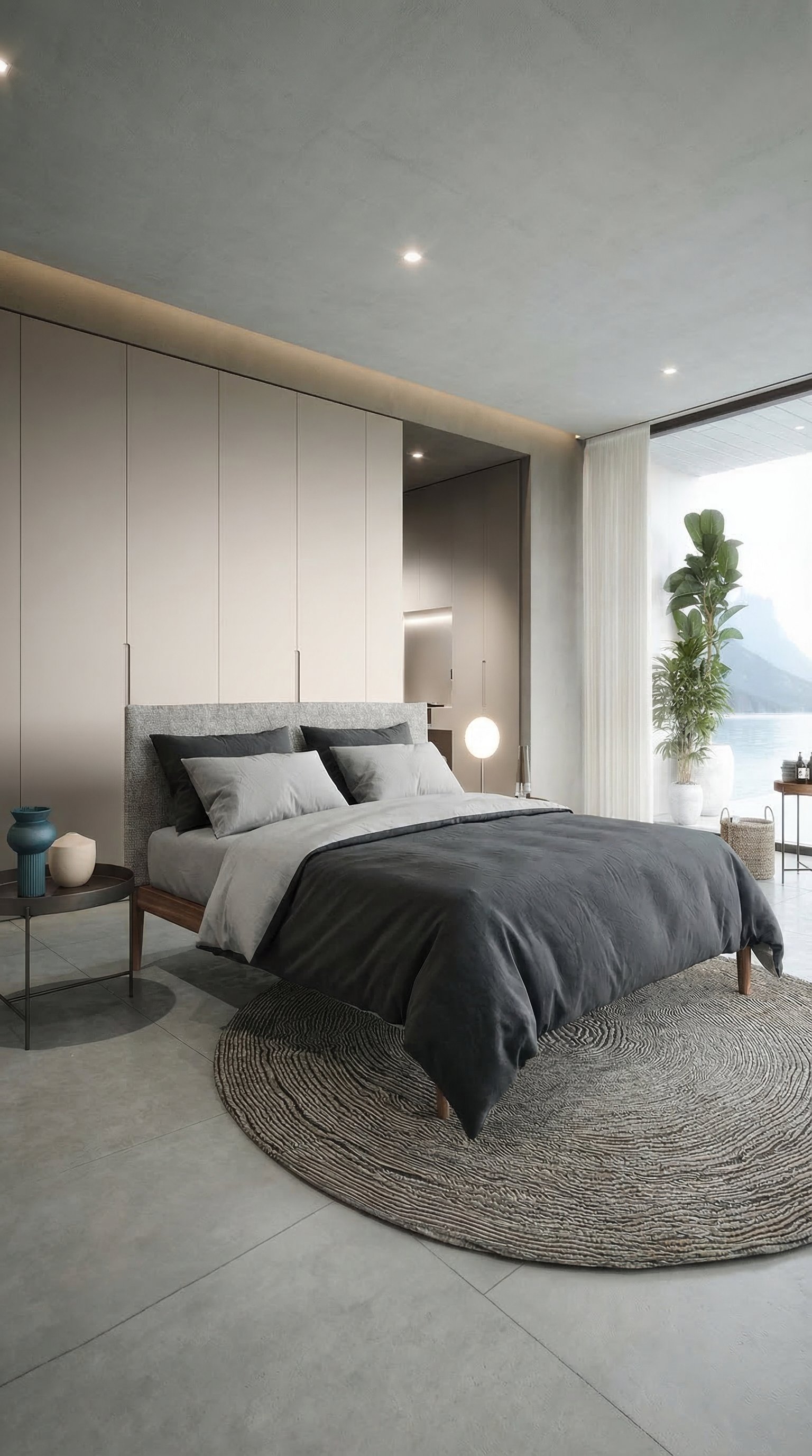 Moderne slaapkamer met tweekleurig omkeerbaar beddengoed in grijs Moderne slaapkamer met tweekleurig omkeerbaar beddengoed in grijs