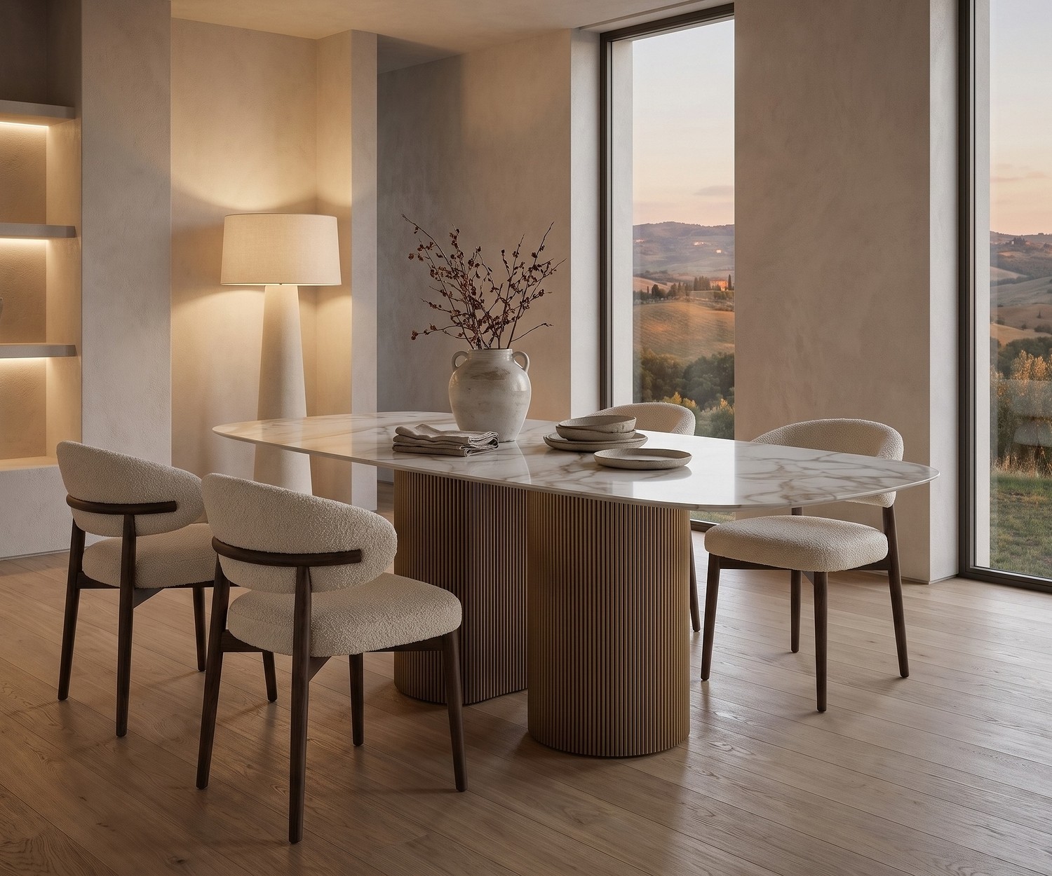 Ovalen design eettafel al2 dakry b 001 | Livarea Ovalen design eettafel al2 dakry b 001 in een minimalistische eetkamer met boucl9 stoelen en uitzicht.