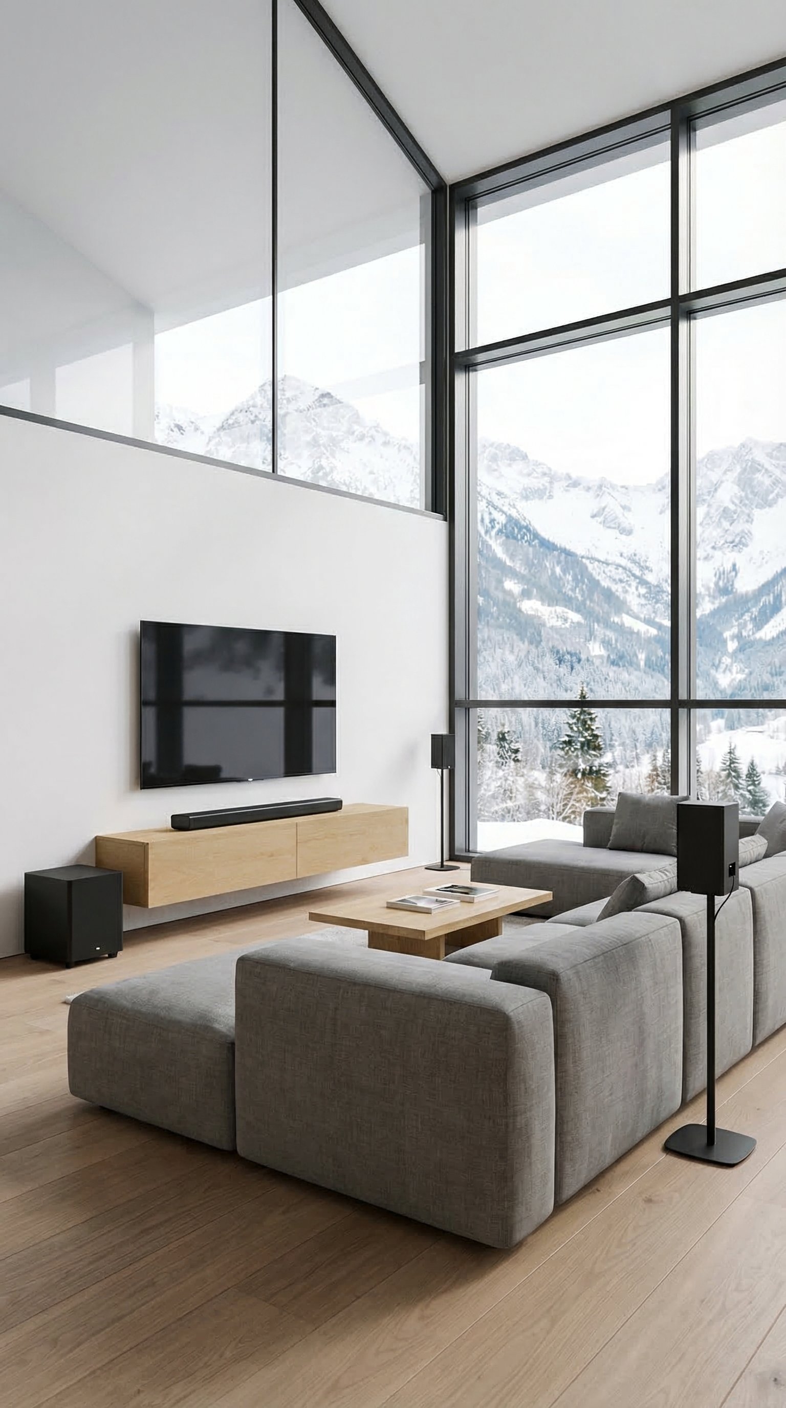 Een zwevend tv-lowboard van echt eikenhoutfineer voor een witte muur, gecombineerd met een moderne televisie. Een zwevend tv-lowboard van echt eikenhoutfineer voor een witte muur, gecombineerd met een moderne televisie.