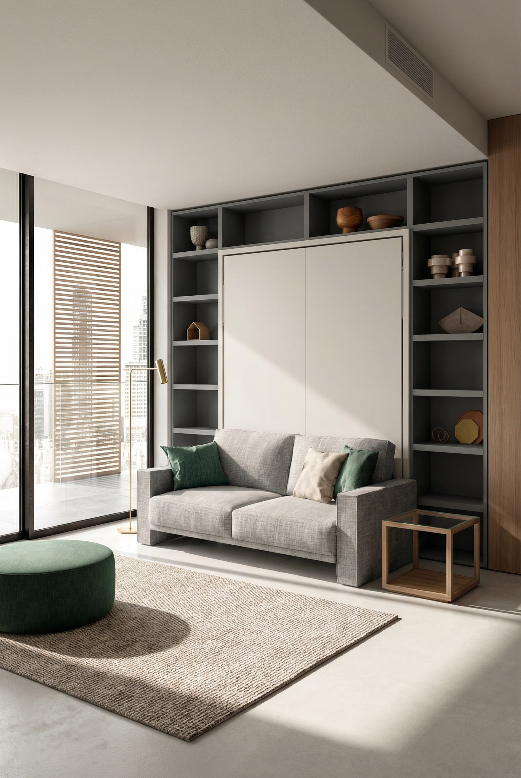 Elegantes Schrankbett mit integriertem Sofa in einer modern eingerichteten Einzimmerwohnung Elegantes Schrankbett mit integriertem Sofa in einer modern eingerichteten Einzimmerwohnung