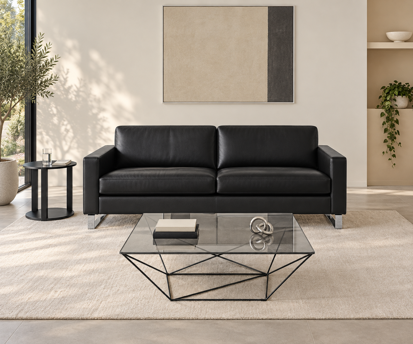 Livitalia Bank Vinaro, 206 × 91 cm, Seminole 04 Zwart, echt leer, verchroomde sledes – Vooraanzicht met salontafel
