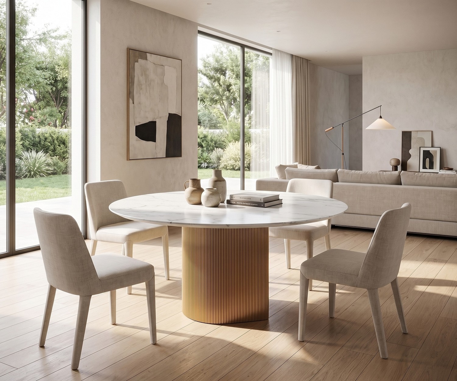 al2 dakry br 001 ronde eettafel met geribbelde centrale poot Ronde eettafel al2 dakry br 001 voor de eetkamer, moderne ronde tafel met wit marmeren blad en gouden geribbelde voet.