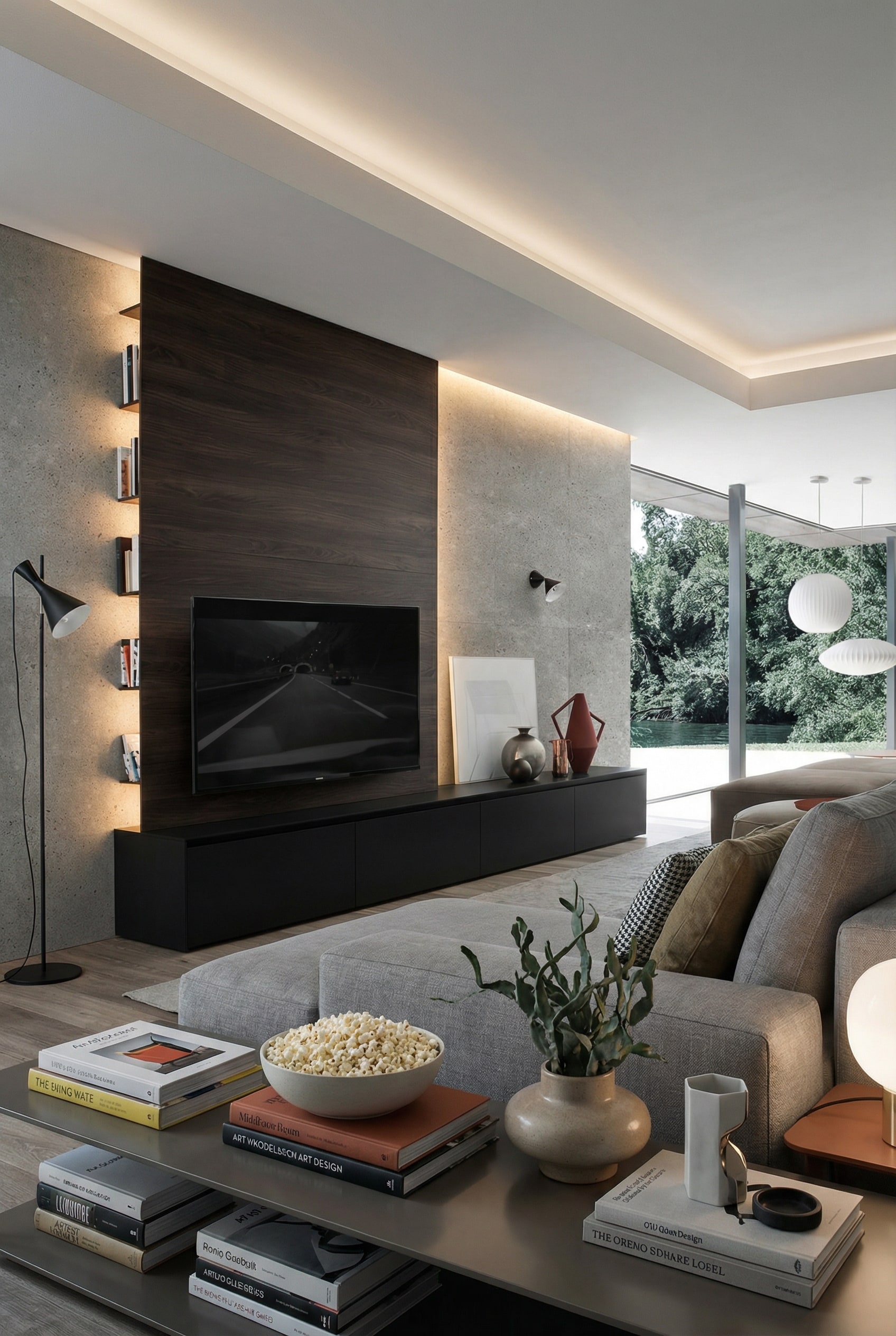 Zwevend Novamobili Reverse TV wandpaneel met verborgen zijdelingse schappen in een minimalistische woonkamer. Zwevend Novamobili Reverse TV wandpaneel met verborgen zijdelingse schappen in een minimalistische woonkamer.