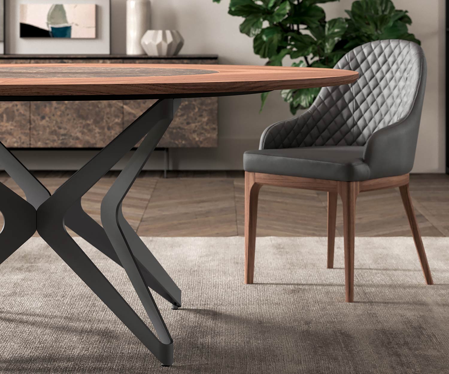 Hoogwaardige design eettafel Detail Dikte van het tafelblad Notenfineer Draaiblad Hoogwaardige design eettafel Detail Dikte van het tafelblad Notenfineer Draaiblad