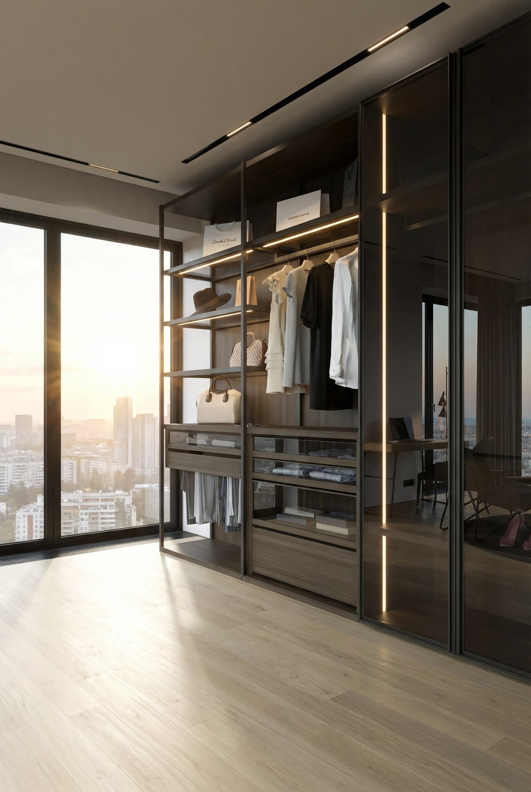 Elegante kleedkamer met rookgrijze glazen deuren in boetiekstijl Elegante kleedkamer met rookgrijze glazen deuren in boetiekstijl