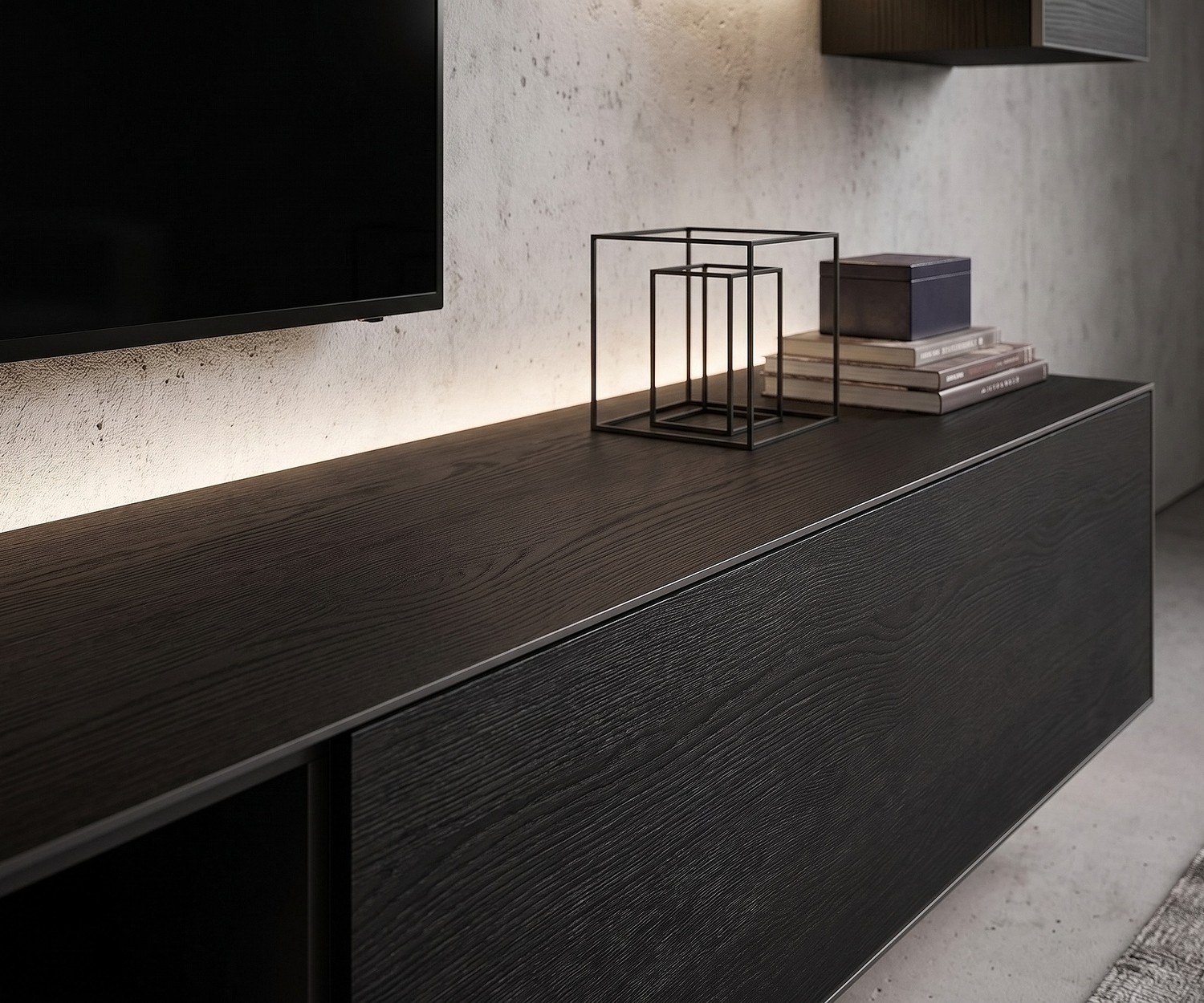 Livitalia Minimal Lowboard in Donker Eiken met LED Livitalia Minimal lowboard tv-meubel van donker eiken met sfeervolle LED-verlichting in een moderne woonkamer.