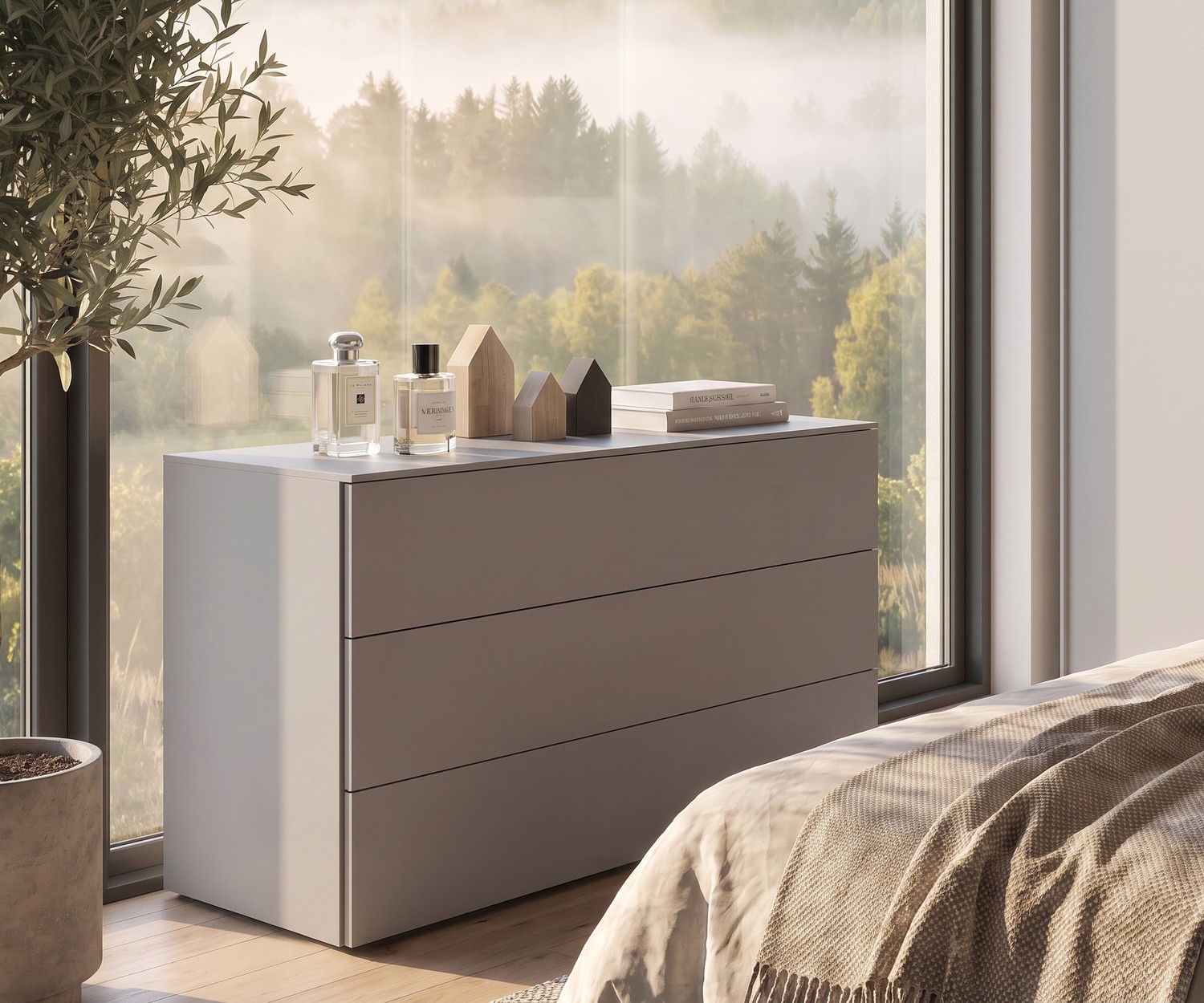 Moderne Livitalia Atena design ladekast voor slaapkamer Livitalia Atena ladekast voor slaapkameropslag voor een groot panoramavenster in een moderne, minimalistische stijl.