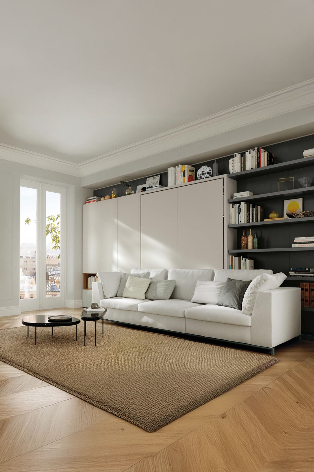 puristisch-wit-kastbed-met-grote-bank-en-twee-donkere-tafels