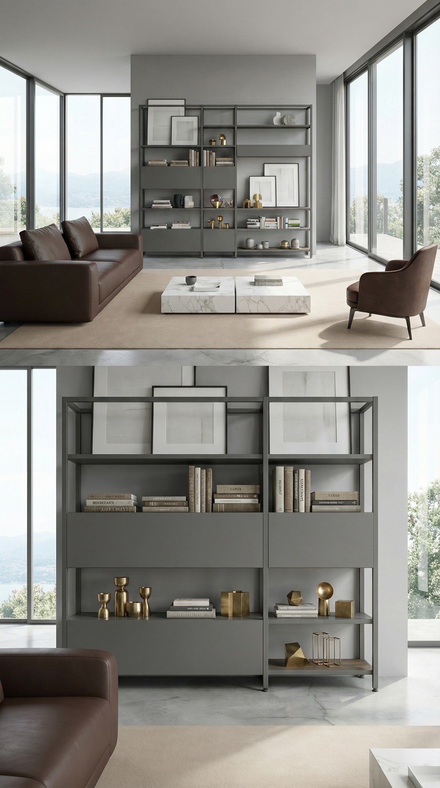 Elegant metaal-houten rek met diepte-gestapelde decoratie Elegant metaal-houten rek met diepte-gestapelde decoratie