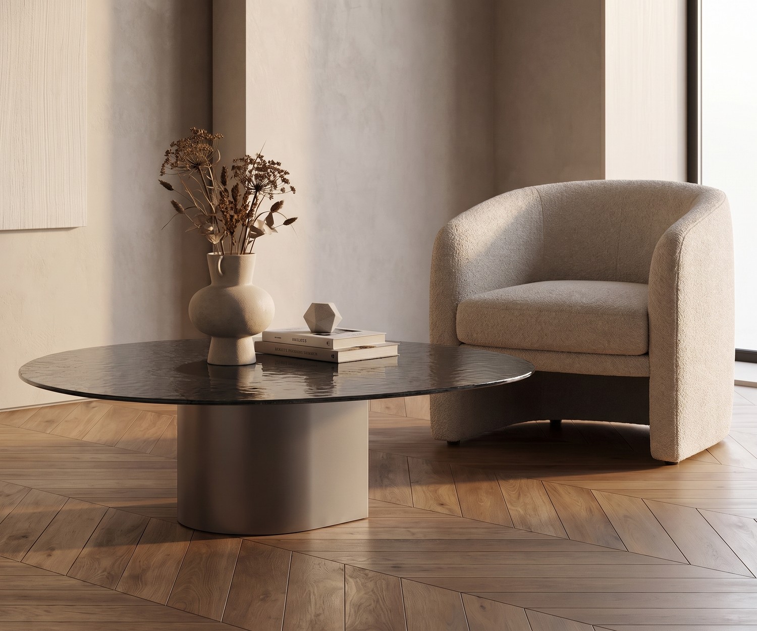 Salontafel voor de woonkamer al2 dakry 006 als elegante set van keramiek en hout voor een moderne grijze hoekbank.