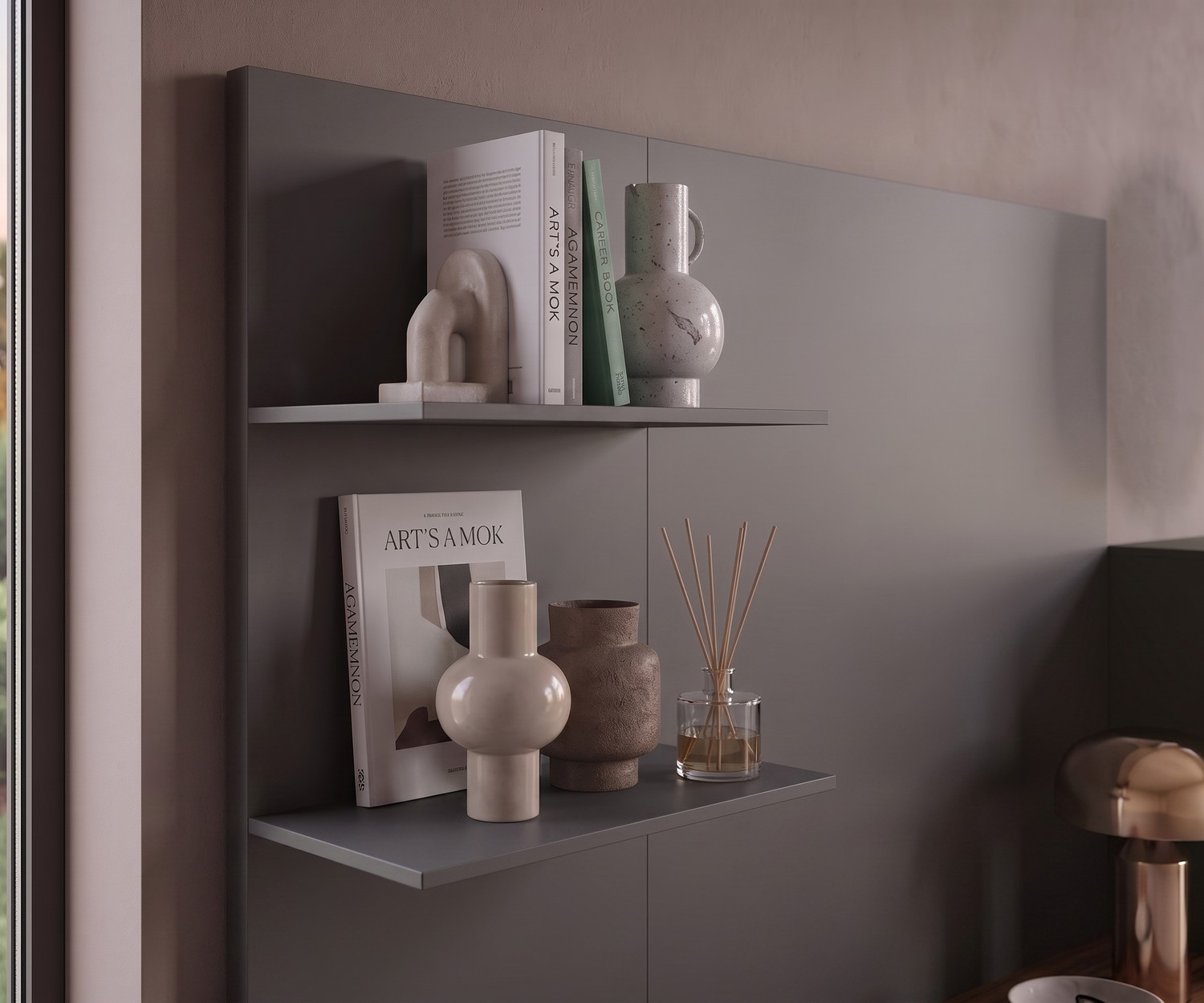 Novamobili Easy 9 wandplank paneel voor boeken en decoratie in de hal of woonkamer, minimalistisch mat grijs design.