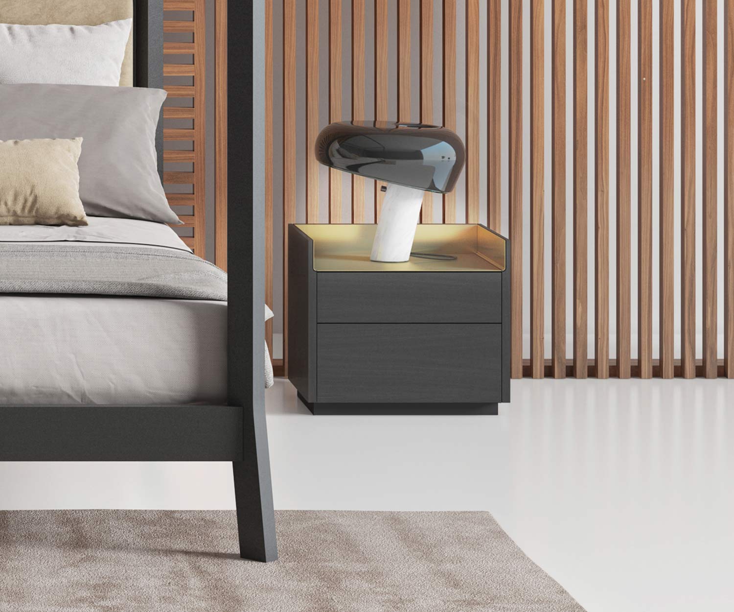 Exclusief design nachtkastje met bedlampje naast bed in slaapkamer gefineerd Exclusief design nachtkastje met bedlampje naast bed in slaapkamer gefineerd
