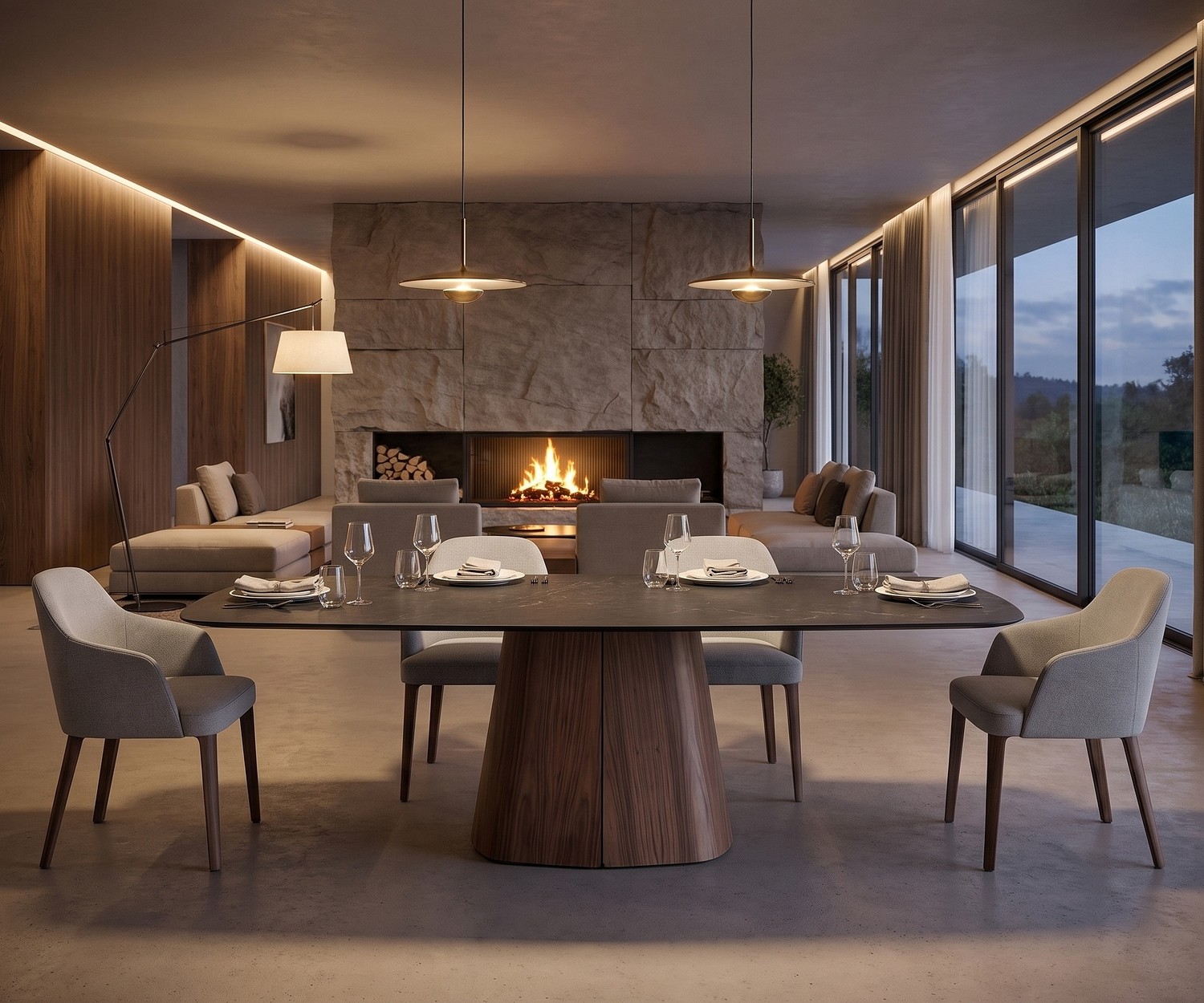 Ovale design eettafel al2 tessera 001 met houten onderstel al2 tessera 001 ovale eettafel met keramisch blad en houten voet in een luxe eetkamer met open haard, modern gedekt.