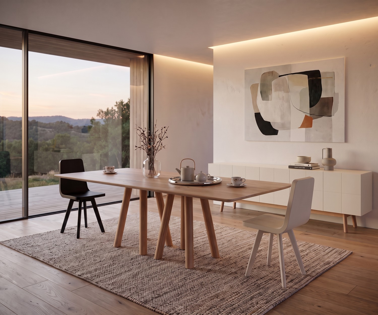 al2 mos-i-ko 001 a design eettafel van massief hout Design eettafel al2 mos-i-ko 001 a van massief hout in een moderne, minimalistische eetkamer met uitzicht.