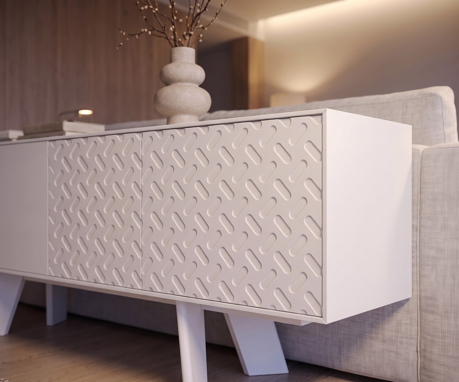 al2 Alhambra 003 design dressoir in het wit Design dressoir Alhambra 003 in een moderne woonkamer achter de bank, wit met structuurdeuren en schuine poten.