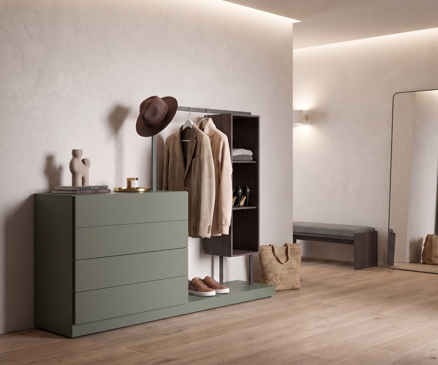 Hal commode met garderobe Easy 4, saliegroen design kledingrek met lades en legplanken in een minimalistische stijl