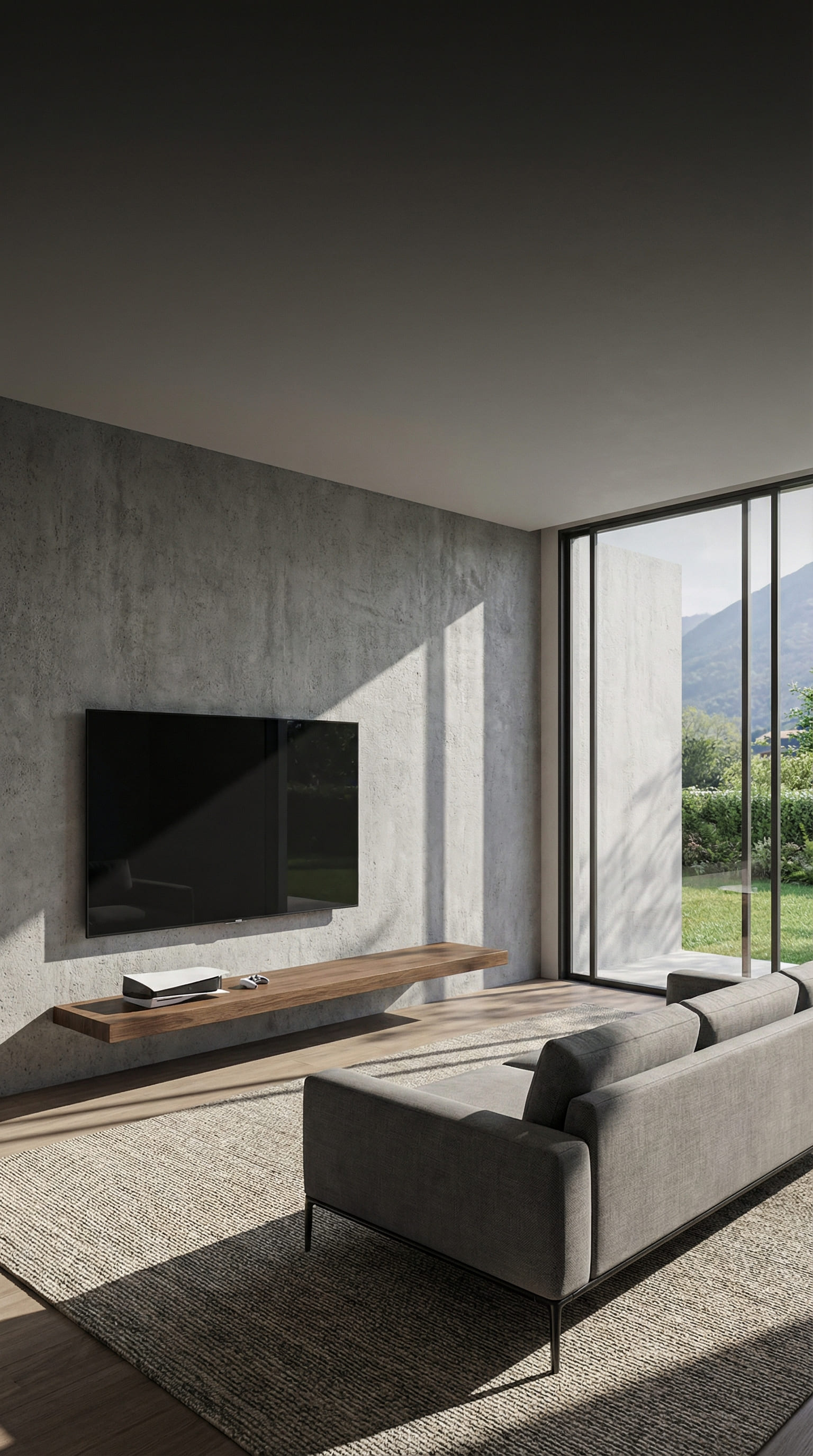 Minimalistisch wandboard van donker eiken zwevend onder tv Minimalistisch wandboard van donker eiken zwevend onder tv