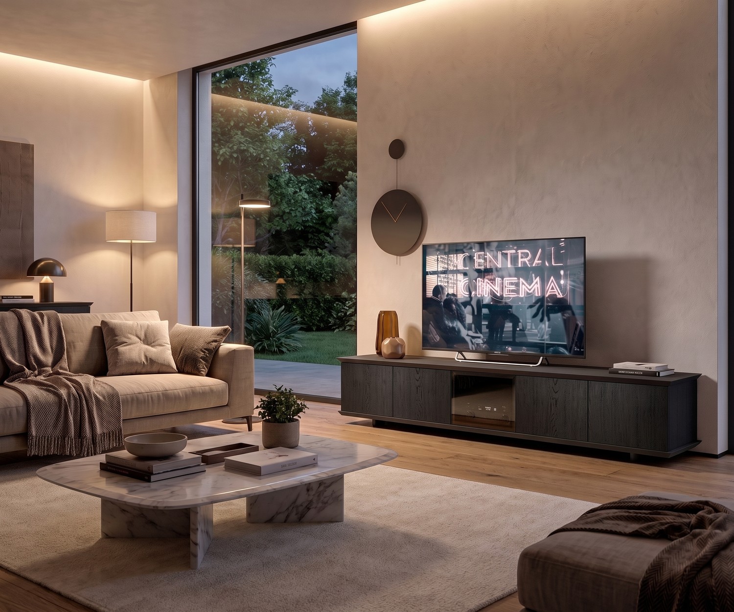 Ozzio Brera TV lowboard in zwart eiken met rookglas deur. Modern mediameubel voor het tv-toestel in de woonkamer.
