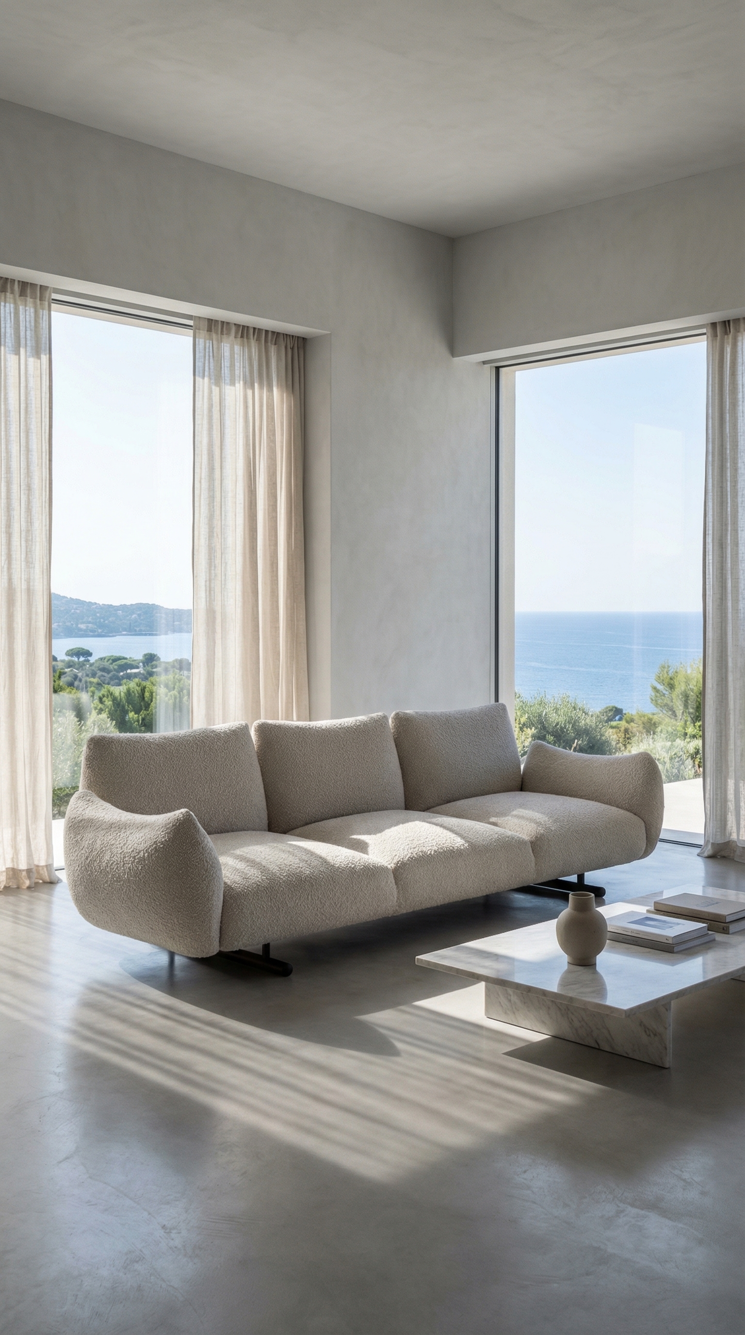 Volumineuze beige Boucl&eacute; Sofa Prostoria Buffa in moderne woonkamer