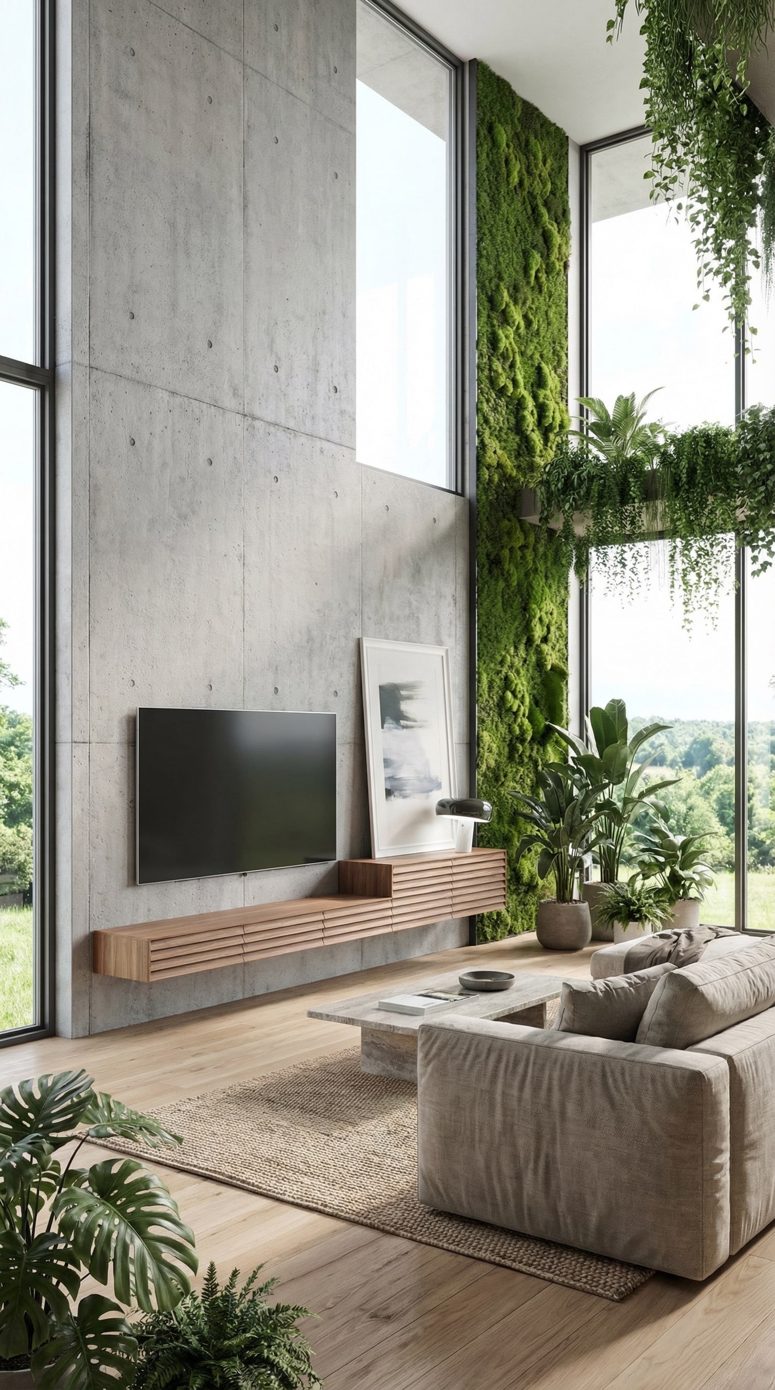 Zwevend lowboard met elegante lamellenfront tegen een betonnen muur in een moderne woonkamer.