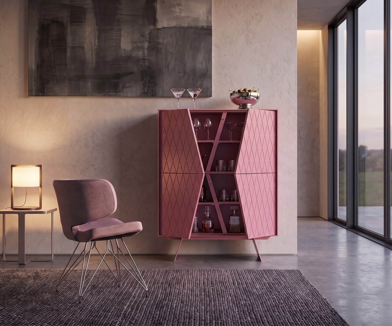al2 e-klipse 009 highboard met ruitpatroon al2 e-klipse 009 highboard barkast in de woonkamer, elegant mat roze design met deuren in ruitpatroon.