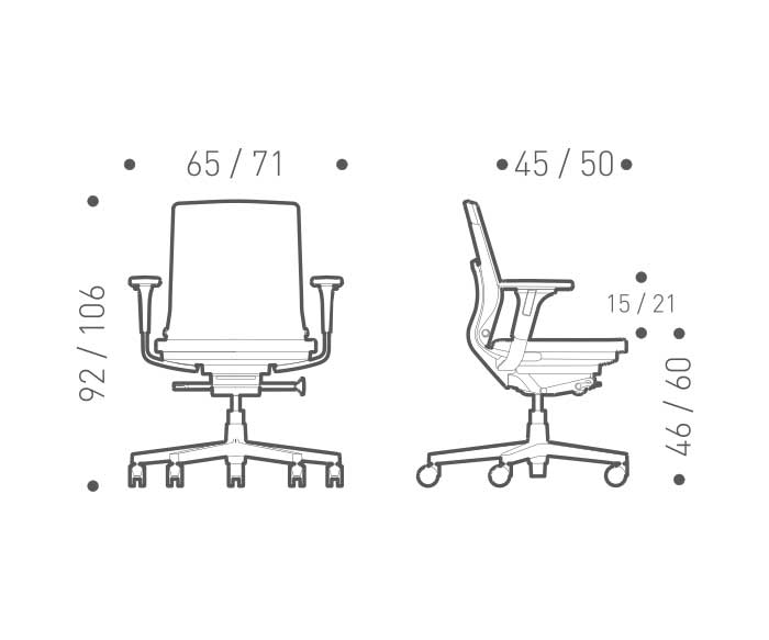 Design bureaustoel ICF Pyla Sketch Afmetingen H 45 cm