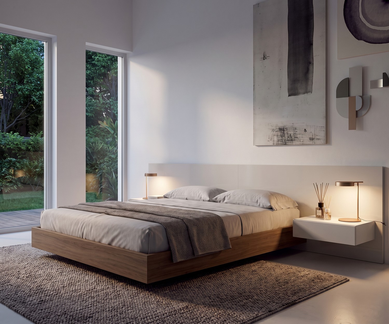 Novamobili Easy zwevend nachtkastje met 1 lade, gemonteerd aan het hoofdbord in een moderne, witte slaapkamer.